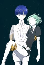 Rule 34 | 2others, androgynous, blue eyes, blue hair, blunt bangs, carrying, closed eyes, colored eyelashes, colored skin, crack, crying, crying with eyes open, crystal hair, determined, dual persona, gem uniform (houseki no kuni), golden arms, green hair, heterochromia, highres, houseki no kuni, looking at viewer, multiple others, multiple persona, necktie, phosphophyllite, phosphophyllite (ll), princess carry, see-through, see-through sleeves, short hair, sleeping, spoilers, tears, time paradox, white eyes, white skin