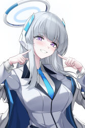 Rule 34 | 1girl, absurdres, blue archive, blue necktie, blush, breasts, elze (s01047480836), formal, grey hair, halo, headphones, highres, jacket, mechanical halo, medium breasts, necktie, noa (blue archive), purple eyes, sidelocks, smile, suit, teeth, two-sided fabric, two-sided jacket, white background, white jacket, white suit
