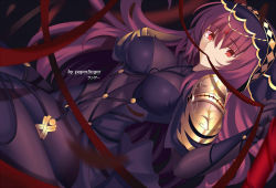 Rule 34 | 1girl, blurry, bodysuit, breasts, cleavage, depth of field, covered erect nipples, fate/grand order, fate (series), gae bolg (fate), highres, large breasts, long hair, looking at viewer, mouth hold, paperfinger, polearm, purple hair, red eyes, ribbon, scathach (fate), scathach (fate), solo, spear, veil, weapon