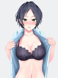 Rule 34 | 10s, 1girl, black hair, blush, bra, breasts, cleavage, earrings, hayami kanade, highres, idolmaster, idolmaster cinderella girls, jewelry, lace, lace bra, navel, open clothes, open shirt, parted bangs, school uniform, short hair, solo, taisai, underwear, undressing, yellow eyes