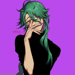 Rule 34 | 1boy, baizhu (genshin impact), black sweater, commentary request, dated, genshin impact, glasses, green hair, hair over one eye, hand over face, long hair, looking at viewer, male focus, ojo aa, orange eyes, parted lips, purple background, signature, simple background, sleeves rolled up, solo, sweater, turtleneck, turtleneck sweater, twitter username, upper body