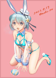 Rule 34 | 1girl, animal ears, black ribbon, blue footwear, blue hair, blue hairband, breasts, detached sleeves, dixie cup hat, double bun, easter egg, egg, fake animal ears, fake tail, hair bun, hairband, hat, hat ribbon, high heels, kantai collection, military hat, moke ro, navy cross, nontraditional playboy bunny, rabbit ears, rabbit tail, ribbon, samuel b. roberts (kancolle), see-through, see-through sleeves, short hair, small breasts, solo, tail, yellow eyes