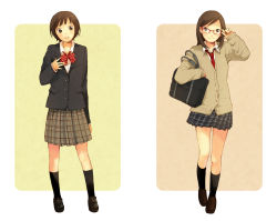 2girls adjusting_eyewear bad_id bad_pixiv_id bag black_socks blouse brown_eyes brown_hair collared_shirt full_body glasses highres kneehighs legs_apart miniskirt multiple_girls plaid_clothes plaid_skirt school_uniform serafuku shirt shoulder_bag skirt socks standing swept_bangs wakana_(nagomoo) white_shirt