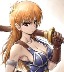 Rule 34 | 1girl, amania orz, armlet, armor, blonde hair, blue armor, breasts, brown eyes, brown gloves, cleavage, closed mouth, daisy (dq), dragon quest, dragon quest yuusha abel densetsu, gloves, long hair, looking at viewer, medium breasts, simple background, solo, square enix, sword, weapon