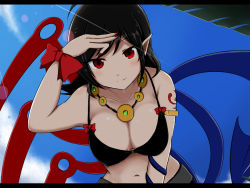 Rule 34 | 1girl, adapted costume, armlet, asymmetrical wings, bikini, black bikini, black hair, blush, bow, breasts, cleavage, closed mouth, collarbone, day, fingernails, houjuu nue, large breasts, leaning forward, letterboxed, looking at viewer, nail polish, navel, o-ring, o-ring bikini, otama11, outdoors, pointy ears, red bow, red eyes, red nails, sharp fingernails, smile, snake, solo, swimsuit, tattoo, touhou, upper body, wings
