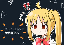 Rule 34 | !?, &gt;:), 1girl, ^^^, ahoge, black background, blonde hair, bocchi the rock!, bow, braid, closed mouth, collared shirt, commentary request, ijichi nijika, long hair, mitya, notice lines, outline, parted bangs, red bow, red eyes, shirt, side ponytail, simple background, smile, solo, sweat, translation request, twitter, twitter username, v-shaped eyebrows, white outline, white shirt