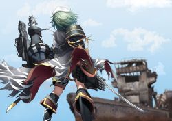 Rule 34 | 1girl, absurdres, armor, black footwear, blue sky, boat, cape, cloud, commentary request, cutlass, day, from behind, from below, green hair, hat, highres, kantai collection, kiso (kancolle), kiso kai ni (kancolle), machinery, outdoors, pauldrons, ruins, sailor hat, school uniform, serafuku, short hair, shoulder armor, single pauldron, sky, smokestack, solo, standing, torpedo launcher, watercraft, white hat, yaegashi (muzzuleflash)