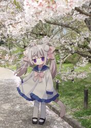 Rule 34 | 1girl, :o, ahoge, animal ear fluff, animal ears, black footwear, blue sailor collar, blurry, blurry foreground, blush, bow, branch, cat ears, cat girl, cat tail, day, depth of field, dress, flower, grey hair, hair ribbon, highres, long hair, long sleeves, looking at viewer, nakkar, original, outdoors, pantyhose, parted lips, photo background, pink bow, pink ribbon, puffy long sleeves, puffy sleeves, purple eyes, ribbon, sailor collar, sailor dress, shoes, sleeves past wrists, solo, standing, tail, tree, twintails, twitter username, watermark, white dress, white flower, white pantyhose