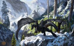 animal_focus artist_name commission day dragon highres horns landscape monster mountain mountainous_horizon no_humans oneyros original outdoors pine_tree snow solo sunlight tail tree western_dragon wings