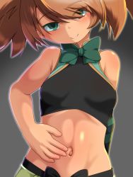 Rule 34 | 1girl, absurdres, arm behind back, bare shoulders, bow, breasts, brown hair, check commentary, commentary, commentary request, dark-skinned female, dark skin, dina (sennen sensou aigis), green bow, green eyes, hair over one eye, highres, looking at viewer, navel, sennen sensou aigis, small breasts, smile, solo, spread navel