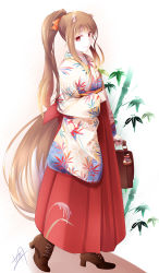 Rule 34 | 1girl, alternate costume, animal ears, bag, boots, bow, brown footwear, brown hair, closed mouth, fudo shin, hair bow, hakama, hakama skirt, high heel boots, high heels, highres, holding, holding bag, holo, japanese clothes, kimono, long hair, looking at viewer, aged up, orange bow, print kimono, red eyes, red hakama, signature, simple background, skirt, solo, spice and wolf, tail, very long hair, walking, white background, white kimono, wolf ears, wolf tail