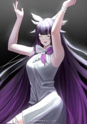 Rule 34 | 1girl, :d, armpits, arms up, bandages, bare arms, bare shoulders, black background, blunt bangs, bow, bowtie, breasts, closed eyes, columbina (genshin impact), dress, erlisa takanashi, feather hair ornament, feathers, genshin impact, grey dress, hair ornament, highres, large breasts, long hair, open mouth, purple hair, sleeveless, sleeveless dress, smile, solo, very long hair, white bow, white bowtie, wrist wrap