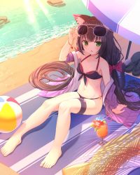 Rule 34 | 1girl, absurdres, animal ear fluff, animal ears, ball, barefoot, beach, beachball, bikini, bikini under clothes, black hair, blush, breasts, cat ears, cat girl, cat tail, cleavage, collarbone, commentary request, eyewear on head, green eyes, highres, karyl (princess connect!), karyl (summer) (princess connect!), long hair, looking at viewer, low twintails, medium breasts, multicolored hair, navel, open mouth, outdoors, princess connect!, sitting, solo, streaked hair, sunglasses, swimsuit, swimsuit under clothes, tail, thigh strap, toes, twintails, very long hair, xue lu