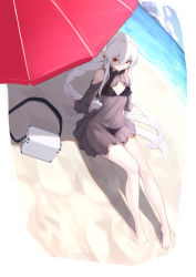 Rule 34 | 1girl, absurdres, arknights, beach, beach umbrella, bikini, black bikini, braid, closed mouth, crown braid, day, flat chest, hair between eyes, highres, long hair, looking at viewer, mari0ball, ocean, official alternate costume, outdoors, pale skin, pointy ears, red eyes, red umbrella, sand, see-through, see-through shirt, sitting, smile, solo, swimsuit, swimsuit cover-up, umbrella, warfarin (arknights), warfarin (casual vacation) (arknights), white hair