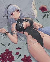 Rule 34 | 1girl, armlet, azur lane, baeg mi, bare shoulders, bed sheet, black hairband, black one-piece swimsuit, black ribbon, blunt bangs, blush, breasts, casual one-piece swimsuit, closed mouth, clothing cutout, collarbone, covered navel, dido (azur lane), flower, gluteal fold, hairband, hibiscus, highres, large breasts, leaf, long hair, looking at viewer, lying, on back, on bed, one-piece swimsuit, petals, purple eyes, purple flower, ribbon, silver hair, smile, solo, swimsuit, thighs, underboob, underboob cutout, wrist ribbon