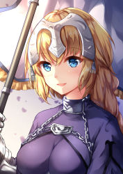 Rule 34 | 1girl, :d, blonde hair, blue eyes, blush, braid, breasts, chahei, chain, commentary request, dress, fate/apocrypha, fate/grand order, fate (series), gauntlets, hair between eyes, head tilt, headpiece, highres, holding, jeanne d&#039;arc (fate), jeanne d&#039;arc (ruler) (fate), large breasts, long hair, looking at viewer, open mouth, purple dress, smile, solo