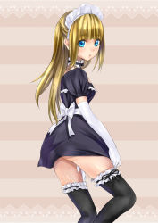 Rule 34 | 1girl, black thighhighs, blonde hair, blue eyes, dendoumushi, elbow gloves, frilled thighhighs, frills, gloves, lace background, long hair, looking at viewer, maid, maid headdress, original, solo, striped, striped background, thighhighs, white gloves
