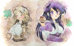 Rule 34 | 2girls, :d, :o, ^ ^, ayra (fire emblem), black hair, blonde hair, blush, closed eyes, clover, commentary request, fire emblem, fire emblem: genealogy of the holy war, fire emblem: three houses, food, four-leaf clover, highres, holding, holding plate, holding teapot, long hair, looking at viewer, maid headdress, mercedes von martritz, multiple girls, nintendo, nukunukuhigepen, open mouth, plate, purple eyes, smile, teapot, traditional media, upper body