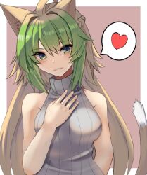 Rule 34 | 1girl, ahoge, animal ears, atalanta (fate), blonde hair, braid, breasts, cat ears, cat tail, dyed bangs, fate/grand order, fate (series), french braid, gradient hair, green eyes, green hair, grey sweater, hand on own chest, heart, looking at viewer, medium breasts, multicolored hair, nahu, sleeveless, sleeveless sweater, sleeveless turtleneck, solo, speech bubble, spoken heart, sweater, tail, turtleneck, turtleneck sweater, two-tone hair, upper body