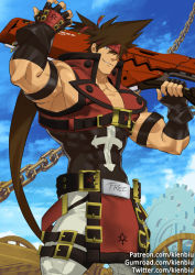 Rule 34 | 1boy, bara, bare shoulders, belt, brown hair, cleavage cutout, clothing cutout, covered abs, cowboy shot, fingerless gloves, gloves, guilty gear, guilty gear strive, gumroad username, headband, kienbiu, large pectorals, long hair, male focus, muscular, over shoulder, paid reward available, pants, patreon username, pectoral cleavage, pectorals, pelvic curtain, ponytail, sideburns, skin tight, sleeveless, smile, sol badguy, solo, spiked hair, tight clothes, tight pants, twitter username, weapon, weapon over shoulder, white pants