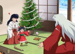 1boy 2023 2girls animal_ears black_hair blurry blurry_background bow cat_ears christmas_tree commentary dress english_commentary hair_bow hakama han&#039;you_no_yashahime heart highres higurashi_kagome indoors inuyasha inuyasha_(character) japanese_clothes kimono long_hair moroha mother_and_daughter multiple_girls outstretched_arms red_bow red_dress red_hakama red_kimono straight_hair taisana twitter_username very_long_hair walking watermark white_hair white_kimono