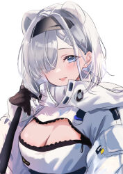 Rule 34 | 1girl, :d, animal ears, arknights, aurora (arknights), bear ears, black hairband, blue eyes, breasts, cleavage, cleavage cutout, clothing cutout, commentary request, grey hair, hair ornament, hairband, hairclip, jacket, large breasts, looking at viewer, open mouth, raramente, short hair, simple background, smile, solo, upper body, white background, white jacket