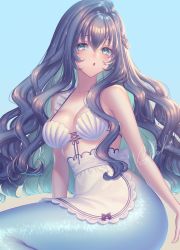Rule 34 | 1girl, apron, bare arms, bare shoulders, big hair, blue background, blue eyes, blush, braid, breasts, commentary request, grey hair, large breasts, long hair, looking at viewer, maid, mermaid, monster girl, original, parted lips, sakura shiho, shell, shell bikini, signature, sitting, solo, waist apron, white apron