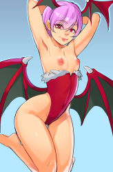 Rule 34 | 1girl, absurdres, armpits, arms behind head, arms up, bare legs, bare shoulders, barefoot, bat wings, blue background, breasts, breasts out, commentary, covered navel, demon girl, english commentary, gluteal fold, greenmarine, head wings, highleg, highleg leotard, highres, kneeling, knees together feet apart, leotard, light purple hair, lilith aensland, lips, looking at viewer, low wings, nipples, red eyes, red leotard, short hair, small breasts, solo, strapless, strapless leotard, thigh gap, vampire (game), wings