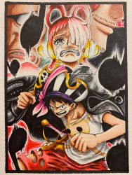 Rule 34 | 1girl, 3boys, artist request, clenched teeth, crying, crying with eyes open, dress, facial hair, father and daughter, fighting stance, gordon (one piece), gradient background, grin, hat, headphones, highres, jacket, jolly roger, lips, long hair, looking at viewer, monkey d. luffy, multicolored hair, multiple boys, oda eiichirou (style), official alternate costume, official style, one piece, one piece film: red, pirate hat, red hair, scar, scar on face, shanks (one piece), short hair, smile, tears, teeth, two-tone hair, two side up, uta (one piece), very long hair, wavy mouth
