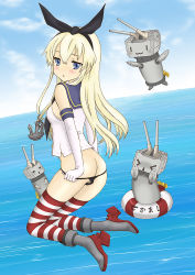 Rule 34 | &gt; &lt;, 1girl, :3, anchor, armored boots, ass, black neckerchief, black panties, blonde hair, blue eyes, blush, boots, breasts, cloud, collarbone, from behind, gloves, grey footwear, hairband, hand on own leg, kantai collection, kneeling, lifebuoy, looking at viewer, looking back, medium breasts, midriff, neckerchief, ocean, open mouth, ozaki mirai, panties, panty pull, red thighhighs, rensouhou-chan, shimakaze (kancolle), shirt, sitting, sky, sleeveless, sleeveless shirt, striped clothes, striped thighhighs, swim ring, teeth, thighhighs, thong, underwear, water, white gloves, white shirt, white thighhighs