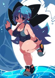 Rule 34 | 1girl, absurdres, artist name, black bow, black footwear, blue hair, blue one-piece swimsuit, bow, breasts, cleavage, curvy, hair between eyes, hair bow, highres, large breasts, long hair, looking at viewer, one-piece swimsuit, original, purple eyes, shoes, sneakers, solo, standing, standing on one leg, swimsuit, thick thighs, thighs, water, wet, zankuro