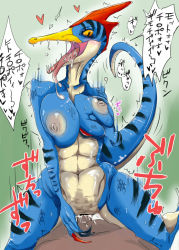Rule 34 | blue skin, blush, grabbing another&#039;s breast, breasts, capcom, colored skin, cum, cum in pussy, dinosaur, furry, grabbing, misuto77, monster, monster girl, monster hunter (series), partially translated, saliva, sex, sharp teeth, sweat, tail, teeth, tongue, translation request, vaginal, velocidrome, yellow eyes