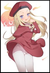 Rule 34 | 1girl, belfraw martini, beret, blonde hair, blue eyes, blush, bow, bow panties, caburi, clothes lift, dress, dress lift, embarrassed, hat, highres, long hair, looking at viewer, open mouth, panties, pantyhose, pantyshot, pom pom (clothes), red dress, red hat, simple background, smile, summon night, summon night 3, sweatdrop, underwear, white background, white pantyhose, wind, wind lift