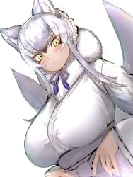 Rule 34 | 1girl, alternate breast size, animal ear fluff, animal ears, black hair, bow, breasts, closed mouth, dutch angle, eyes visible through hair, fur collar, hair between eyes, highres, huge breasts, japanese clothes, kemono friends, kimono, long sleeves, looking at viewer, makami (kemono friends), multiple tails, shibori kasu, simple background, sketch, solo, tail, tsurime, two-tone background, upper body, white background, white hair, wolf ears, wolf girl, wolf tail, yellow eyes