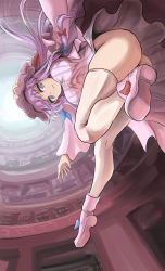 Rule 34 | 1girl, ass, blunt bangs, breasts, crescent, crescent hair ornament, crescent hat ornament, crescent pin, dress, hair ornament, hat, hat ornament, highres, large breasts, long hair, looking at viewer, mob cap, namiki (remiter00), patchouli knowledge, purple dress, purple eyes, purple hair, purple hat, solo, striped clothes, striped dress, thighhighs, touhou, vertical-striped clothes, vertical-striped dress, very long hair, white thighhighs
