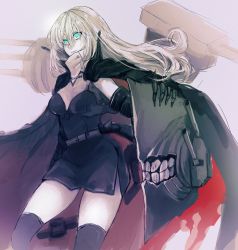 Rule 34 | 1girl, abyssal ship, black dress, black thighhighs, blue eyes, breasts, cape, claws, closed mouth, colored skin, dress, european water princess, grey background, hagioshi, hair between eyes, highres, kantai collection, long hair, mechanical arms, pale skin, rigging, simple background, single mechanical arm, sketch, sleeveless, sleeveless dress, solo, thighhighs, white hair, white skin