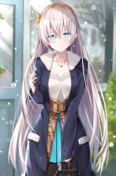 Rule 34 | 1girl, anastasia (fate), aqua skirt, bad id, bad pixiv id, bag, blouse, blue coat, blue eyes, blurry, blush, bokeh, breasts, casual, cleavage, coat, collarbone, commentary request, day, depth of field, earrings, fate/grand order, fate (series), fur-trimmed coat, fur trim, hair between eyes, hairband, hand up, head tilt, high-waist skirt, highres, holding, holding bag, jewelry, long coat, long hair, long sleeves, looking at viewer, medium breasts, necklace, orange hairband, outdoors, parted lips, pocket, rin yuu, shirt, sidelocks, silver hair, skirt, solo, standing, turquoise (stone), very long hair, white shirt