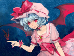 Rule 34 | 1girl, arm up, ascot, bat (animal), bat wings, blue background, blue hair, brooch, collarbone, dress, faux traditional media, female focus, fingernails, gradient background, hat, hat ribbon, index finger raised, jewelry, light smile, looking at viewer, mob cap, nail polish, puffy short sleeves, puffy sleeves, red eyes, remilia scarlet, ribbon, sash, short hair, short sleeves, slit pupils, solo, star (symbol), touhou, tsuneaki (dosnan), wings