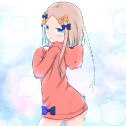 Rule 34 | 1girl, :o, abigail williams (fate), animal ears, animal hood, ass, bear ears, bear hood, blonde hair, blue bow, blush, bow, brown hoodie, commentary request, cowboy shot, fate/grand order, fate (series), forehead, hair bow, hands up, highres, hood, hood down, hoodie, long hair, long sleeves, looking at viewer, looking to the side, orange bow, parted bangs, parted lips, polka dot, polka dot bow, sleeves past wrists, solo, su guryu, very long hair
