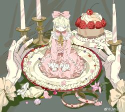 Rule 34 | 1girl, 1other, absurdres, birthday cake, blonde hair, blunt bangs, bow, cake, candle, cherry, collar, cupcake, dress, flower, food, frilled dress, frilled sleeves, frills, fruit, hair bow, highres, icing, jwannn, long hair, long sleeves, original, out of frame, pink bow, pink dress, pink eyes, pink flower, plate, pov, pov hands, ribbon, sitting, solo focus, strawberry, weibo logo, weibo username, yellow bow