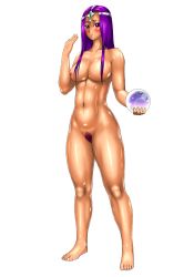 Rule 34 | 1girl, barefoot, blush, breasts, dragon quest, dragon quest iv, female focus, female pubic hair, highres, looking at viewer, minea (dq4), nipples, nude, pubic hair, purple eyes, purple hair, solo, somaria, standing, tan