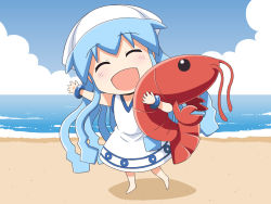 Rule 34 | 1girl, :d, ^ ^, beach, blush, dress, enoya-eno, closed eyes, hat, ikamusume, mini-ikamusume, ocean, open mouth, shinryaku! ikamusume, shrimp, smile, solo