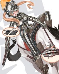 Rule 34 | 1girl, antique firearm, armor, boobplate, boots, breastplate, breasts, commentary request, couter, faulds, firearm, firelock, flintlock, full armor, gauntlets, green eyes, gun, hair between eyes, helmet, holding, holding gun, holding weapon, horse, horseback riding, keuma, knight, large breasts, long hair, orange hair, original, plate armor, plume, reins, riding, saddle, shiny clothes, shoulder armor, stirrups (riding), twintails, weapon, weapon in legwear