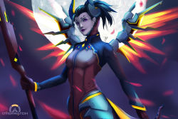 Rule 34 | 1girl, black hair, bodysuit, breasts, copyright name, cowboy shot, dark persona, demon horns, demon tail, devil mercy, facial mark, forehead mark, full moon, glowing, glowing wings, highres, holding, holding staff, horns, jessica ong, jpeg artifacts, lips, logo, looking at viewer, mechanical wings, mercy (overwatch), moon, night, night sky, nose, official alternate costume, orange wings, outdoors, overwatch, overwatch 1, ponytail, purple eyes, sky, small breasts, solo, spread wings, staff, tail, wallpaper, wings