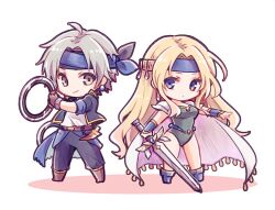 Rule 34 | 1boy, 1girl, ahoge, armor, belt, blonde hair, blue eyes, blue footwear, blue headband, blue jacket, blue pants, boots, breasts, brown belt, brown footwear, brown gloves, cape, celes chere, chibi, closed mouth, commentary request, earrings, final fantasy, final fantasy vi, full body, gloves, green leotard, grey eyes, grey hair, hair ornament, headband, holding, holding sword, holding weapon, jacket, jewelry, leotard, locke cole, looking at viewer, medium breasts, pan ff6, pants, parted bangs, shirt, short hair, shoulder armor, simple background, standing, sword, waist cape, weapon, white cape, white shirt