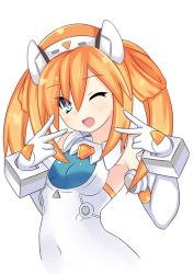 Rule 34 | 1girl, absurdres, bare shoulders, blue eyes, boots, breasts, covered navel, elbow gloves, gloves, hair ornament, highres, leotard, long hair, looking at viewer, medium breasts, navel, neptune (series), open mouth, orange hair, orange heart (neptunia), smile, solo, symbol-shaped pupils, tennouboshi uzume, twintails