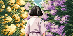 Rule 34 | 1boy, black hair, blue sky, blunt ends, cloud, commentary, day, derivative work, english commentary, facing away, flower, from behind, haku (sen to chihiro no kamikakushi), hydrangea, japanese clothes, leaf, lowres, male focus, mika-tama, nature, outdoors, pixel art, purple flower, screenshot redraw, sen to chihiro no kamikakushi, short hair, short sleeves, sky, solo, upper body, yellow flower