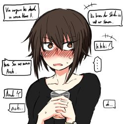Rule 34 | +++, ..., 1girl, aged up, black shirt, blush, brown eyes, brown hair, casual, cup, drinking glass, german text, girls und panzer, holding, holding cup, interlocked fingers, looking to the side, nishizumi maho, noumen, open mouth, own hands together, shirt, short hair, short sleeves, simple background, solo, spoken ellipsis, sweat, sweatdrop, translated, upper body, watch, white background, wristwatch