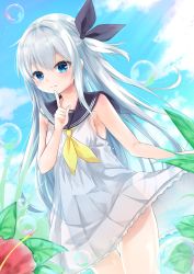 Rule 34 | 1girl, air bubble, bare arms, black bow, blue eyes, bow, bubble, clothes lift, cloud, cloudy sky, commentary request, day, dress, dress lift, finger to own chin, flower, hair between eyes, hair bow, highres, index finger raised, long hair, looking at viewer, moe2020, neckerchief, one side up, original, sailor collar, sailor dress, sidelocks, silver hair, siroyuki, sky, sleeveless, sleeveless dress, solo, white dress, yellow neckerchief