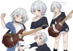 Rule 34 | 1girl, bang dream!, bang dream! it&#039;s mygo!!!!!, black choker, black footwear, black shirt, blue eyes, blue jacket, boots, choker, closed eyes, closed mouth, commentary request, grin, heterochromia, highres, holding, holding plectrum, jacket, kaname raana, layered sleeves, long sleeves, looking at viewer, medium hair, multiple views, playing guitar, plectrum, shirt, short over long sleeves, short sleeves, simple background, smile, solo, tonbo picture, white background, white hair, white shirt, wolf cut, yellow eyes